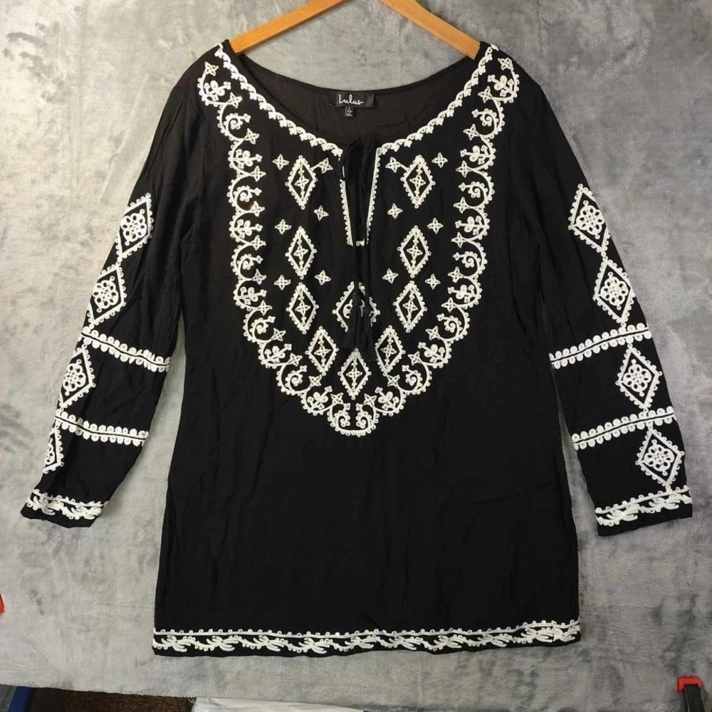 Lulus Black Embroidered Boho Blouse Large Tassel Tie Neck Sequin Detail